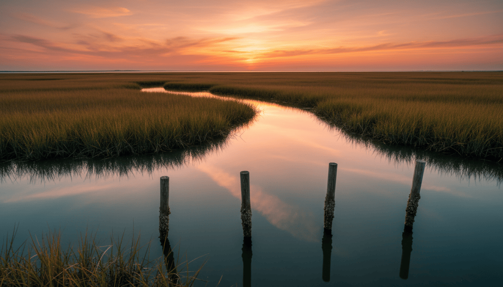 Wetland marsh with tall grass and water channels at sunset, survey stakes in the foreground
