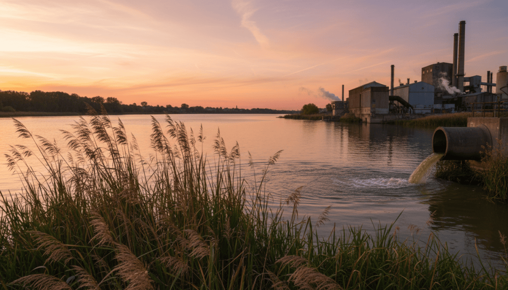 River flowing past an industrial outfall pipe at golden hour