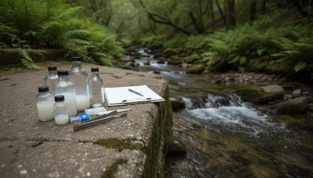 Water sample bottles and a clipboard on a ledge beside a stream