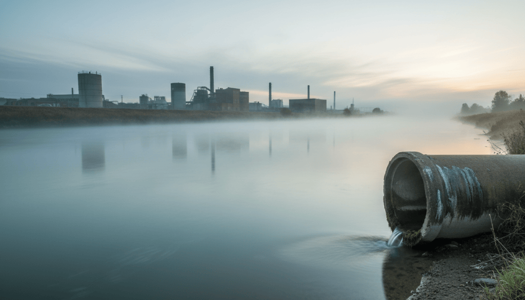River at dawn with a concrete outfall pipe on the bank and an industrial facility in the distance