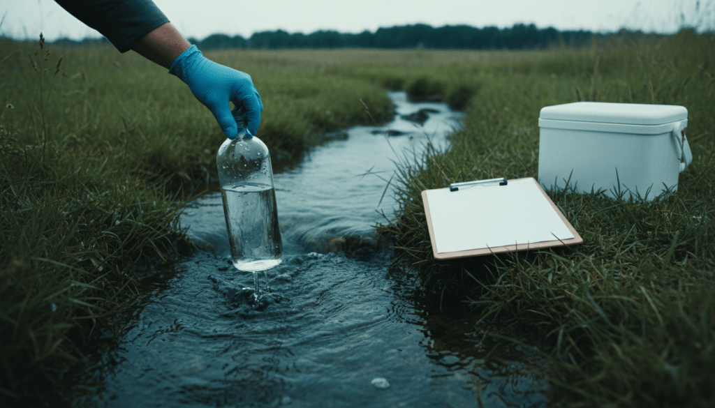 Gloved hand holding a water sample bottle beside a stream with a sample cooler on the bank